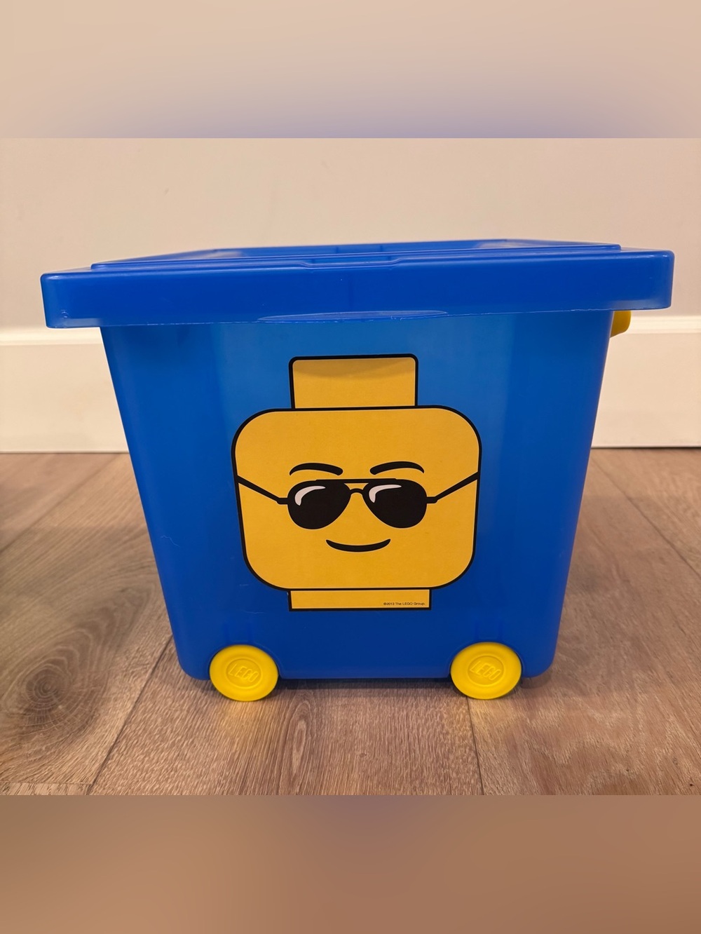 Lego Blue Rolling Storage Bin with Yellow Minifigure Face & Handles